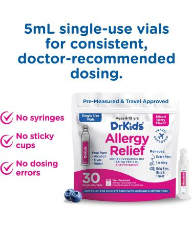 Dr. Kids Children's Allergy Relief Medicine with Diphenhydramine HCl 12.5 mg - Pre-Measured Single-Use Vials Kids Antihistamine for Sneezing Runny Nose & Itchy Eyes Mixed Berry Flavor 30 Count - Buy Online on GoSupps.com