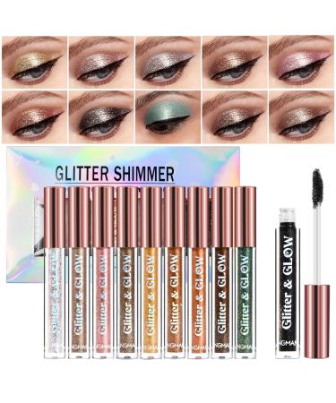 Volumoon 10 Colors Metallic Liquid Glitter Eyeshadow Makeup Set for Women Girl Long Lasting Waterproof Quick Drying Eye Shadow Make Up Kits Matte Shimmer Naked Smokey Eye Looks