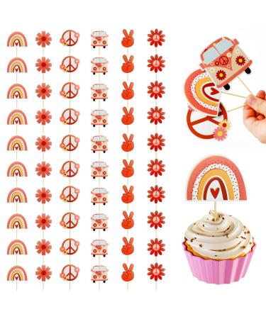 60Pcs Hippie Party Cupcake Toppers Groovy Party Decorations Groovy Birthday Decorations Boho Rainbow Party Supplies