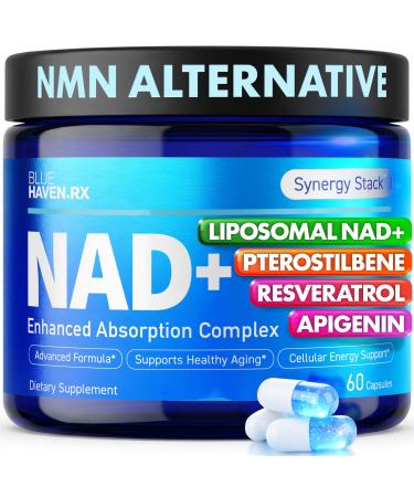 Blue Haven Rx NAD+ Supplement - NMN Alternative with Liposomal NAD+ Trans Resveratrol Manganese Apigenin Plus Pterostilbene for Women and Men Anti Aging Support