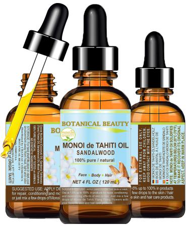 Botanical Beauty MONOI de TAHITI OIL SANDALWOOD 100% Pure. 4 Fl.oz - 120 ml. For Skin Face Hair and Nail Care.