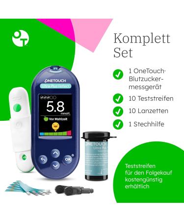 Onetouch Ultra Plus Reflect Blood Sugar Meter | Diabetes Test Kit with 10 Test Strips Stech Aid & Lancets | Accurate MMOL/L Measurement - Buy Online on GoSupps.com