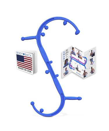 Body Back Buddy Elite  USA Made  Trigger Point Massage Tool, Shoulder Neck Back Handheld Self Massager, Manual Massage Cane, Hook, Muscle Knot Remover with Instructions, Patented (Blue) Blue Marbled With Poster