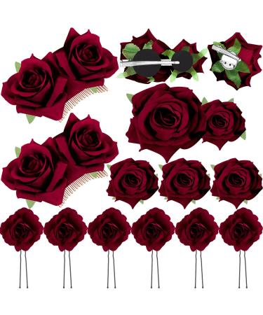 12 Pieces Rose Flower Hair Clip Rose Bridal Hair Pins Rose Brooch Wedding Hair Accessories for Women Girl Party Flamenco Dancer (Wine Red)