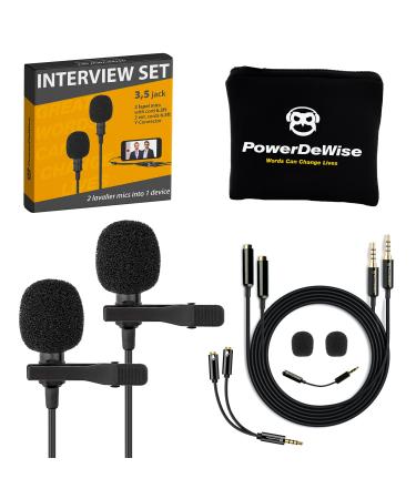 PowerDeWise Professional Grade 2 Lavalier Clip-On Microphones Set for Dual Interview - Double Lav Lapel Microphone - Use for iPhone Phone Camera - Blogging Video Recording Noise Cancelling 3.5mm Mic