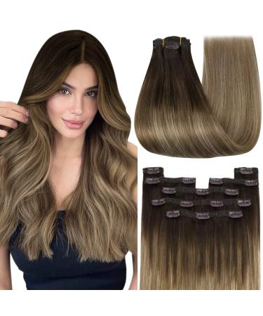 Real hair extensions clip balayage clip in extensions real hair short 30cm clip in extensions dark brown ombre blond with brown clip in hair recovery real hair 120g 7pcs #4/10/16
