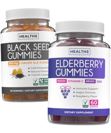 Black Seed Oil Gummies & Elderberry Gummies (1-Month Supply) Immune Boost Bites Bundles - Black Seed Oil Gummies Ginger Ale Flavor Cold-Pressed Nigella Sativa & Elderberry Gummies for Adults