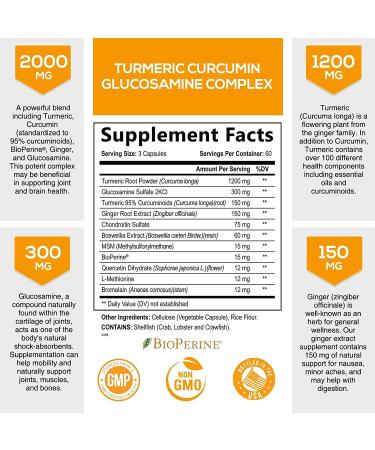 Nature's Nutrition Turmeric Curcumin with Ginger, Glucosamine & Black Pepper 2000mg - Joint & Immune Support Supplement - Made in USA - 180 Veggie Caps - Buy Online on GoSupps.com