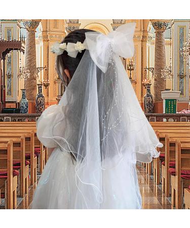 First Communion Veil with Light and Crystal First Holy Communion Veil for Girls White Bow and Flower Crown Lace Veil First Communion Headpiece for Girls First Communion Veil - Buy Online on GoSupps.com