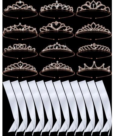 12 Blank Sashes and Tiara Set Prom Queen Satin Sashes for Pageants Rhinestone Tiara Crown White Blank Sash DIY for Birthday Wedding Beauty Pageant Prom Graduation Party Supplies (White  Rose Gold)