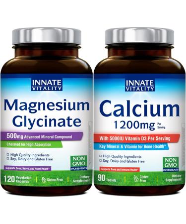 Innate Vitality Magnesium Glycinate 500mg & Calcium 1200mg with D3 5000IU Bundle | High Absorption Supplements for Nerve Health Bone Strength & Immune Support | Non-GMO Gluten-Free | 120 Capsules +