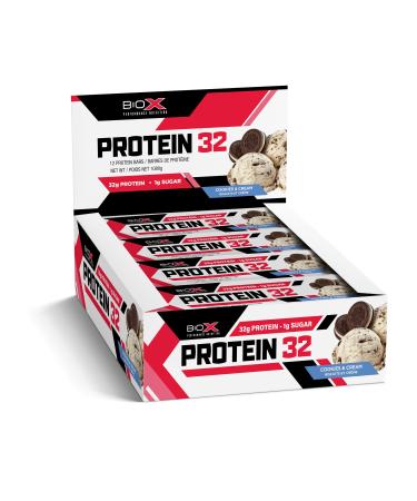 BioX Protein 32 Bar | High Protein High Fibre & Low Sugar Bar | 32g Protein 1g Sugar 8g Fibre | Sourced From Casein Whey Protein Isolate Hydrolyzed Whey Protein | Box of 12 Bars (Cookies & Cream) Cookies And Cream 1 C