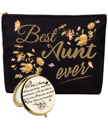 HnoonZ Best Aunt Ever Gifts Birthday Gifts for Aunt Aunt Gifts from Niece Aunt Gift Auntie Gifts Aunt Bday Gift from Niece Gifts for Aunt Best Aunt Makeup Bag Aunt Compact Mirror Aunt Cosmetic Bag