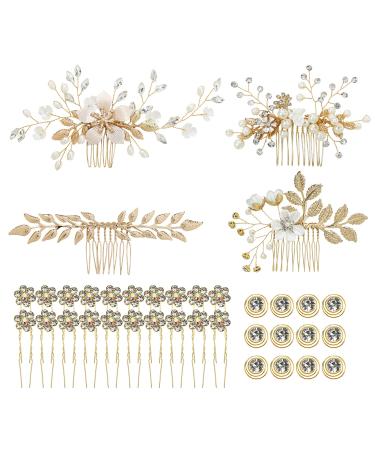 inSowni 36 Pack Gold Flower Leaf Bridal Wedding Hair Side Combs+U-shaped Flower Hair Pins+Spiral Rhinestone Clips Barrettes Formal Prom Hair Pieces Headpieces Accessories for Brides Bridesmaids Women Girls