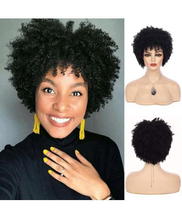 Sallcks Short Black Kinky Afro Wig for Black Women Short Curly Afro Wigs Natural Synthetic Curly Cosplay Costume Wigs with Wig Cap