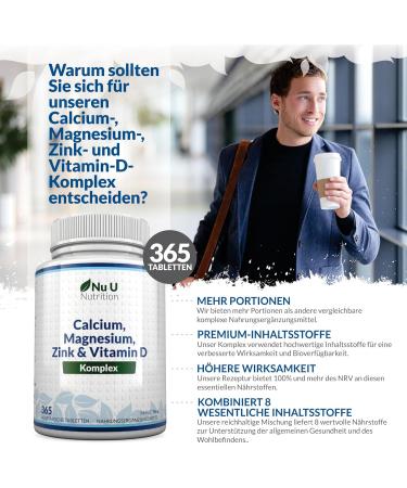 Calcium Magnesium Zinc & Vitamin D3 - 365 Vegetarian Tablets | High-Dose 800mg Calcium Complex | Nu U Nutrition - International Shipping Available - Buy Online on GoSupps.com