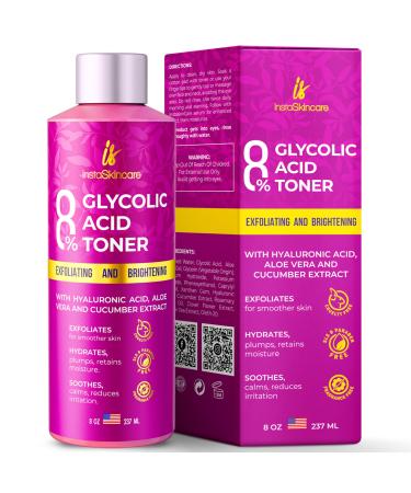 InstaSkincare Glycolic Acid 8% Toner for Face - Facial Toning Solution - Exfoliating Face Toner for Women & Men Made in USA