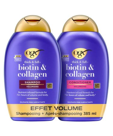 OGX Shampooing + Apr s-Shampooing Biotin & Collagen Effet Volume (2 flacons de 385 ml) Routine de soin cheveux la biotine et au collag ne Soin capillaire pour 72h de volume 192.5 ml (Lot de 2)