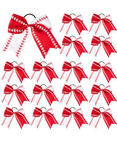 16 Pcs Softball Hair Bows 6.5 Inch Softball Cheer Bows Elastic Softball Hair Accessories Baseball Hair Bow Softball Hair Ties Ponytail Holder Softball Headband for Girls Teen Cheerleading (Red White)