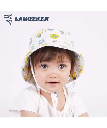 LANGZHEN Baby Girls Sun Protection Hat with Chin Strap - White, Animals Print | Adjustable Wide Brim Toddler Kids Hat for Summer Play (3-6 Months) - Buy Online on GoSupps.com