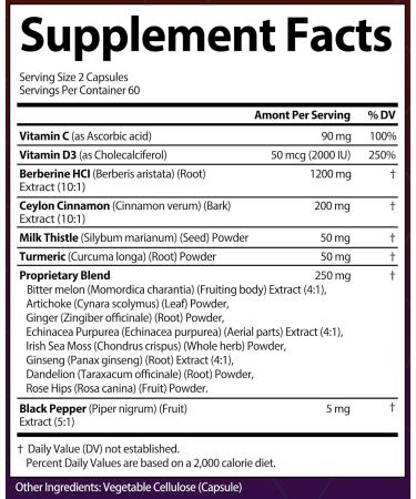 Berberine with Ceylon Cinnamon Supplement Milk Thistle Turmeric Bitter Melon for Digestion Immunity. Organic Complex for Men & Women Non-GMO Gluten-Free Vegan USA (120 Capsules) 120 Count (Pack of 1) - Buy Online on GoSupps.com