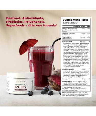 PUREHEALTH RESEARCH Reds Superfoods Powder - Only 10 Calories Fruit and Vegetable Adaptogen Drink with Beetroot, Polyphenols, Probiotic Powder - Antioxidants Supplement for Energy, 30 Servings - Buy Online on GoSupps.com