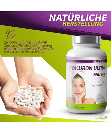 Vita2you Hyaluronic Acid Ultra 650mg - 90 Vegan Capsules | High-Dose 3-Month Pack | Fermented & Additive-Free - Premium Quality Hyaluron - Buy Online on GoSupps.com