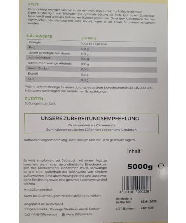 Buy 100years GmbH Xylit 5 kg - Calorie-Reduced Birch Sugar Substitute | Sugar Alternative - International Shipping - Buy Online on GoSupps.com