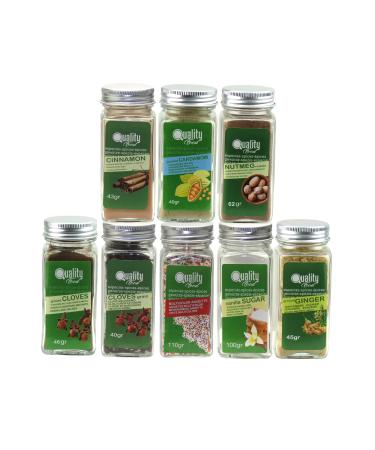 Sweet Spice Pack - Ideal for Gifts and Everyday Use - 8 Reusable Glass Jars - Cinnamon, Nutmeg, Cloves, Ginger, Cardamom, Vanilla Sugar, Manna - Multicoloured