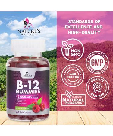 B12 Energy Gummies 3000 mcg - Extra Strength Vitamin B 12 Gummy for Metabolism & Immune System Support - Chewable Dietary B12 Supplements for Adults & Kids Caffeine Free Gummy Vitamin - 60 Gummies 60 Count (Pack of 1) - Buy Online on GoSupps.com