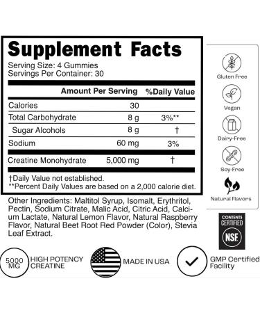 Creatine Monohydrate Gummies 5g Sugar Free Creatine Gummy for Workout for Men & Women Lean Muscle Support Strength Cognitive Health Gluten Free Non GMO NSF Certified Raspberry Lemonade 120 pc Sour Raspberry Lemonad  - Buy Online on GoSupps.com