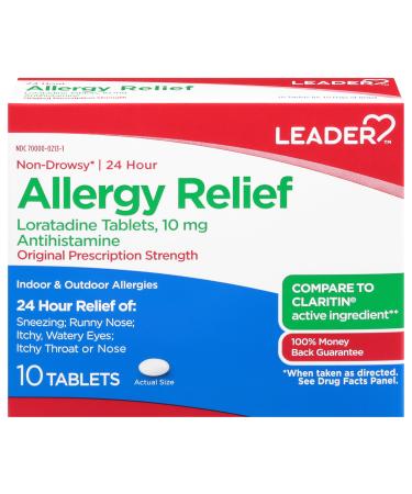 Leader 24 Hour Allergy Relief Loratadine 10mg Tablets Non-Drowsy Antihistamine Indoor and Outdoor Counteract Allergy 10 Tablets Pack of 3