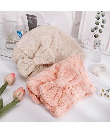 FRIUSATE Microfiber Hair Towel Cap 2 Pack - Soft Absorbent Hair Wrap for Women | Ideal for Curly Long & Thick Hair - Khaki & Pink Turban Shower Cap with Bow-Knot - Buy Online on GoSupps.com