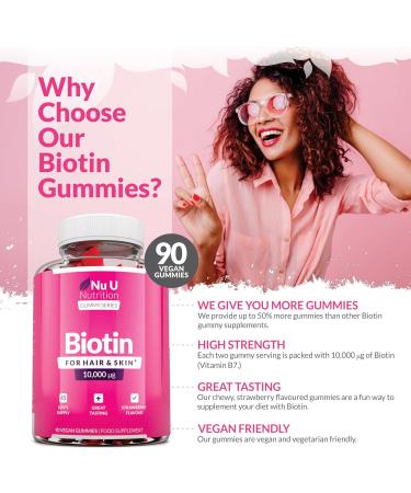 Biotin Hair Gummies 10,000mcg - 90 Vegan Gummies - Strawberry Flavour - Supports Hair Growth & Healthy Skin - Chewable Hair Vitamins - Buy Online on GoSupps.com