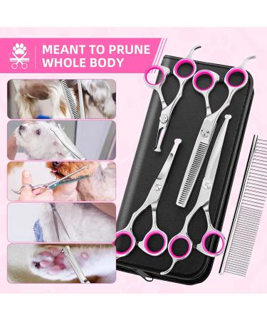 Round Tip Dog Grooming Scissors Kit - Titanium Coated Stainless Steel Set for Small Pet Cat Dog - Thinning/Straight/Curved Shears with Comb and Case in Pink - Buy Online on GoSupps.com