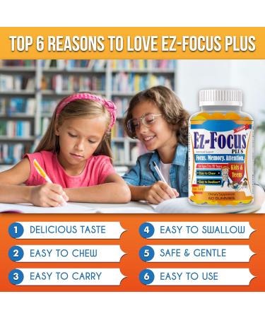 Ez-Focus Plus Brain Booster Omega 3 Kids Focus and Attention Supplements for Cognitive Health Support Memory Mental Clarity Concentration for Children and Teens - Fruity Flavor Vitamins 60 Count - Buy Online on GoSupps.com