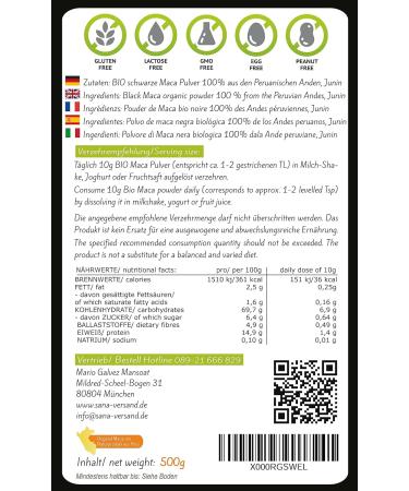 Maca Fit Black 500g Bio Powder - Original Pure Black Maca from Peru | Vegan Gluten-Free Additive-Free - Buy Online on GoSupps.com