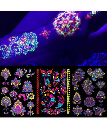 glaryyears 70+ Neon Temporary Tattoos  Glow UV Fake Charming Mandala Floral Butterfly Flowers designs  Women Girls Party Favor Supplies Night Pub 7 Sheets Pattern B - Buy Online on GoSupps.com