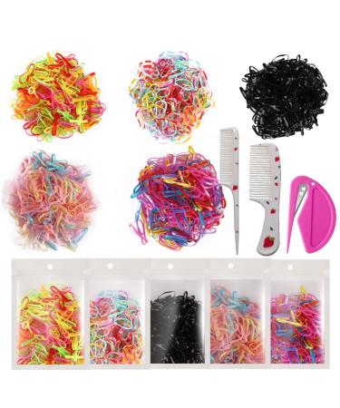 Baby Elastic Hair Ties with Remover Cutter- 1000Pcs Colorful Hair Rubber Band Soft Hair Ties Pony Ponytail Holders Cutting Tool for Girls Kids 2 Combs (5 Colors medium size) Normal 5 colors