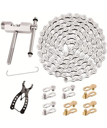 Bike Chain Kit, Multi-Function Bike Mechanic Repair Kit - Chain Breaker and Chain Checker Include 3 Pairs Bicycle Missing Link for 6, 7, 8 Speed Chain, Speed Bike Chain 1/2 x 3/32 Inch Links, Reusable 6/7/8 Speed Silver