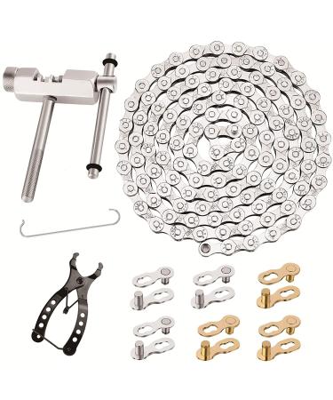 Bike Chain Kit, Multi-Function Bike Mechanic Repair Kit - Chain Breaker and Chain Checker Include 3 Pairs Bicycle Missing Link for 6, 7, 8 Speed Chain, Speed Bike Chain 1/2 x 3/32 Inch Links, Reusable 6/7/8 Speed Silver