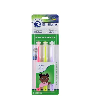 Brilliant Child Toothbrush - Boys and Girls Age 2-5 Years Old, Use When Molars Appear, Round Brush Head- Micro Bristles - Whole Mouth Toothbrush, 3 Count Kids Toothbrush Set, Pink-Lime-Lilac 3 Count (Pack of 1) Pink-lime-lilac