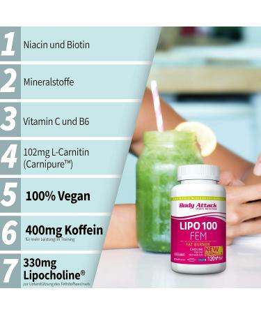 Body Attack Lipo 100 Fem Vegan - 60 Capsules | High-Dose Metabolism Booster for Women - Made in Germany - Lipocholine Caffeine & Green Coffee Extract - Buy Online on GoSupps.com