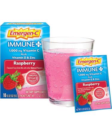 Emergen-C Immune+ Raspberry Fizzy Drink Mix - 1000mg Vitamin C, D & Zinc for Immune Support - Antioxidants & Electrolytes - 10 Pack - Buy Online on GoSupps.com