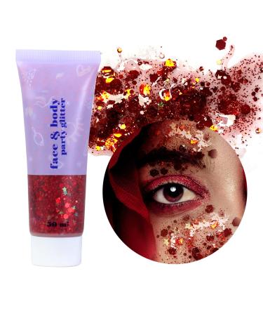 Prreal Body Glitter Gel 50ml Face Glitters Body Gel Sequins Shimmer Liquid Eyeshadow Chunky Glitter for Face Hair Nails Holographic Cosmetic Laser Powder Festival Glitter Makeup#Red