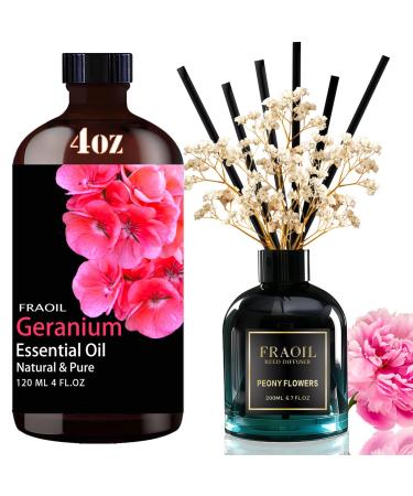 Geranium Essential Oil 4 Fl Oz and Peony Flowers Reed Diffuser 6.7 fl oz Perfect for Christmas Christmas Eve Halloween Thanksgiving New Year's Day Valentine's Day and Easter Gifts
