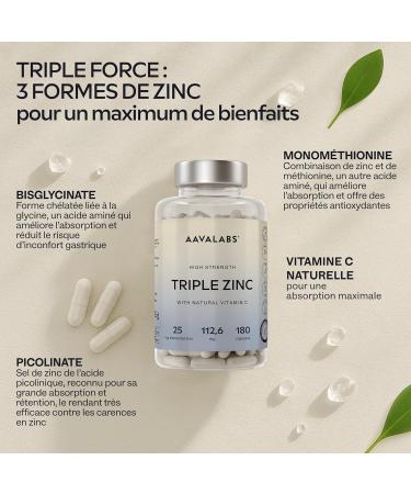 Zinc 25mg + Vitamine C - 3 Formes: Zinc Bisglycinate Picolinate Monomethionine Triple Zn Complement Alimentaire Haute Puissance Formule Spectre Complet - 180 Gelules - Buy Online on GoSupps.com