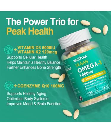 2 Pack Vegan Omega 3 D3 K2 CoQ10 Supplement Plant Based DHA EPA ALA for Women Men Omega 3 Organic Algae Flaxseed Oil Supplement for Bone Brain Eye & Immune Support No Carrageenan 240 Softgels 120 Count (Pack of 2) - Buy Online on GoSupps.com