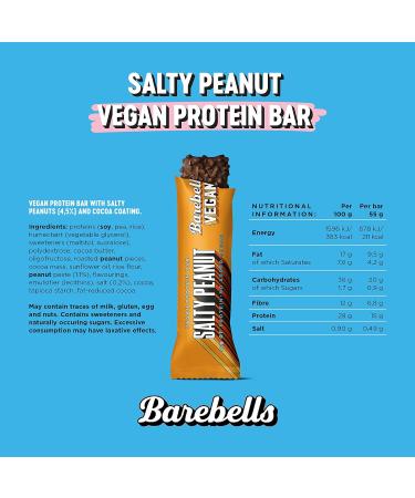 Barebells Vegan Salty Peanut Protein Bars | 15g Protein Low Carb Vegan Chocolate Bars | Delicious Vegan Snacks 12 x 55g - Buy Online on GoSupps.com
