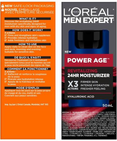 L Or al Paris Men Expert 24 HR Hydrating Moisturizer for Men with Hyaluronic Acid and Vitamins Fights Signs of Aging Power Age Packaging May Vary 50 mL Face Cream 50ml - Buy Online on GoSupps.com